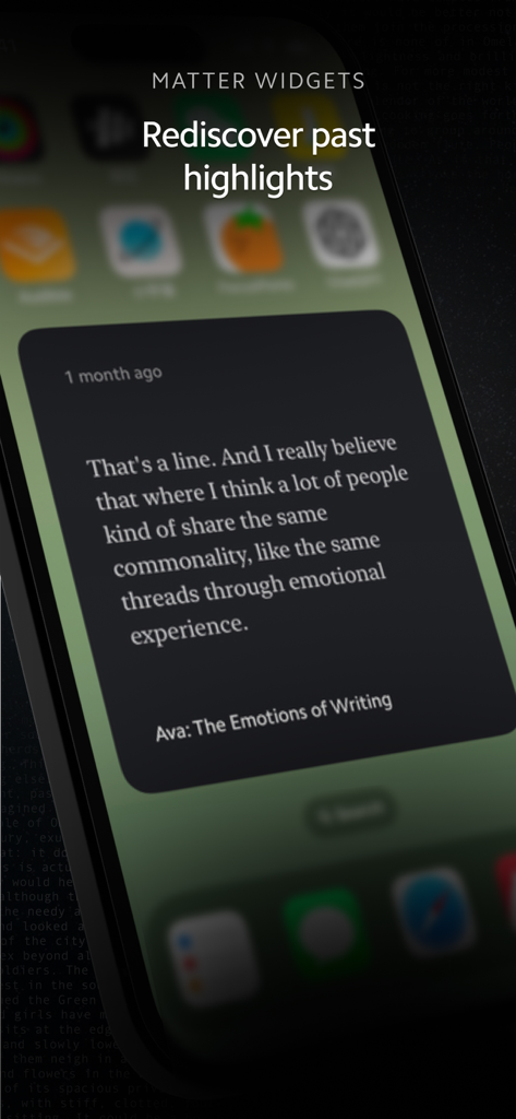 Matter: Reading App - A mobile home screen widget from the Matter app showing a saved reading highlight
