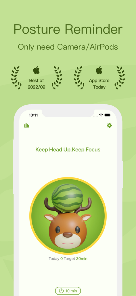 HeadsUp - Improve Posture - HeadsUp app interface showing a deer avatar with a watermelon on its head for posture tracking