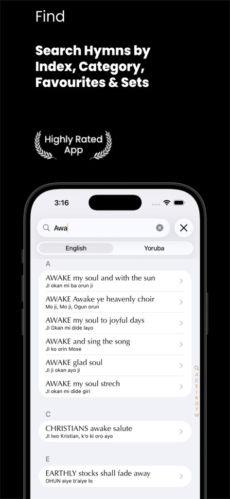 CSHymns - Search interface of the CSHymns app showing a list of hymns in English and Yoruba languages