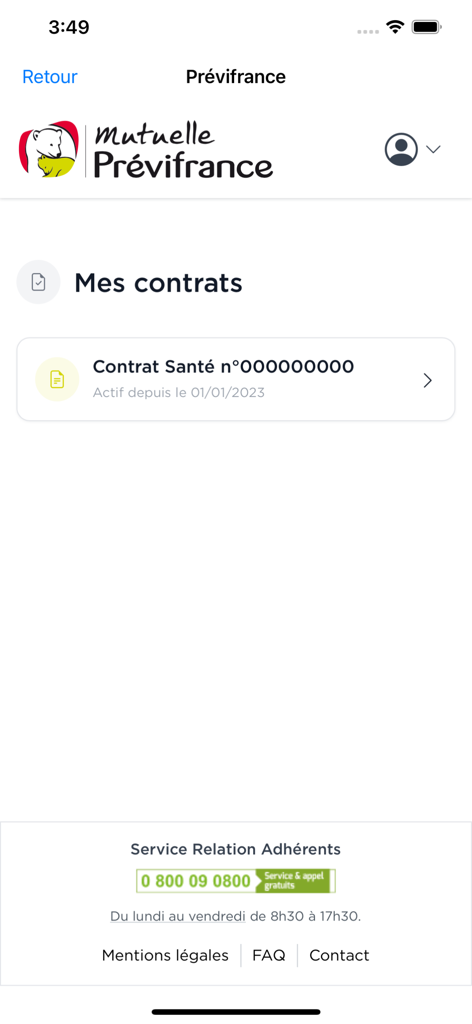 Prévifrance - Mobile app screen showing the my contracts section of the Previfrance health insurance application