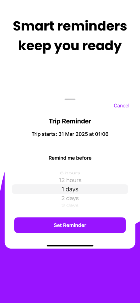 Packing List - Packy - Interface pour définir des rappels de voyage intelligents dans l'application Packy