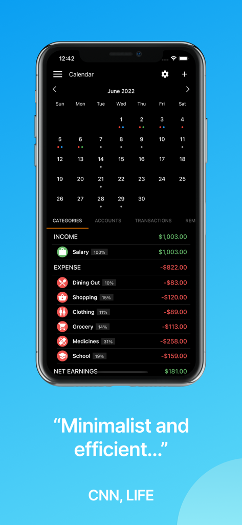 Bluecoins Finance & Budget - Bluecoins app screen showing a financial calendar and summary of income and expenses