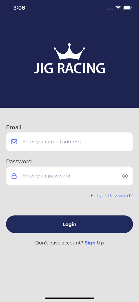 Jig Racing - Login page of the Jig Racing app showing email and password input fields with a navy blue login button