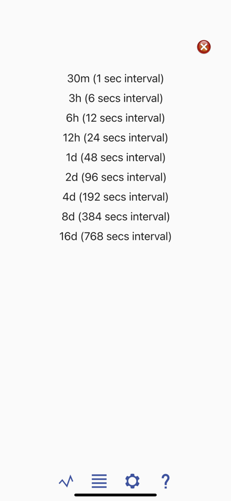 Marine Barograph - List of time and pressure recording intervals in the Marine Barograph app