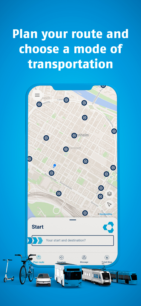 myVRN - myVRN app interface showing a route planner map with various transportation modes including bus train and bike