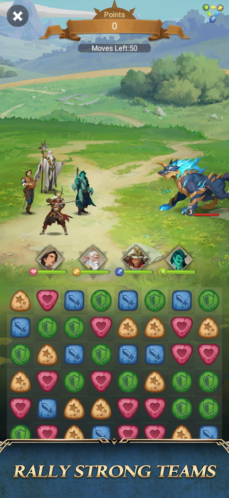 Match-3 puzzle combat gameplay in Rise of the Kings featuring fantasy heroes and a giant wolf beast
