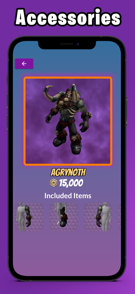 RBX & Codes: Skins Coins - A detailed preview of the Agrynoth character skin with its price and included accessory items within the app.