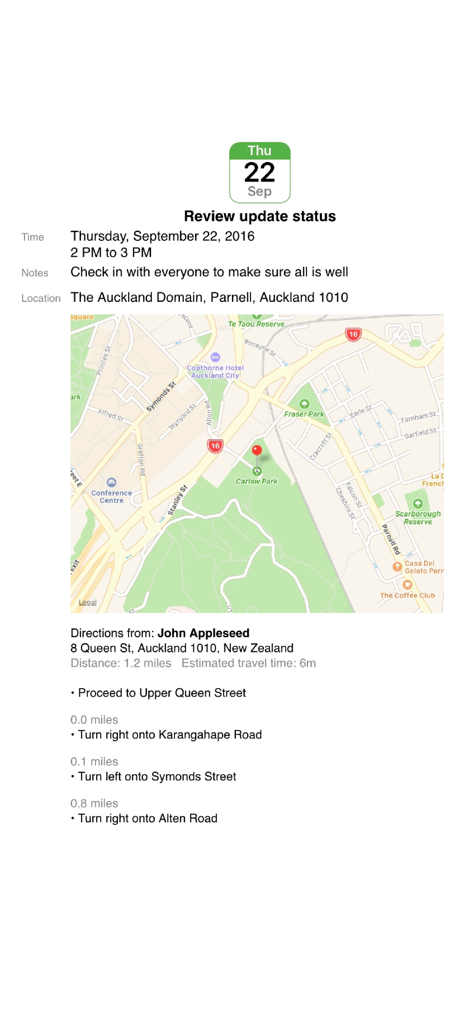 Calendar event details screen showing a location map and step-by-step driving directions for a scheduled appointment.