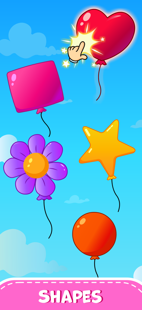 Toddler Games Baby Balloon Pop - 幼児向けの教育ゲーム。ハート、星、花などのさまざまな形の風船が、手によって割られる様子が表示されます。