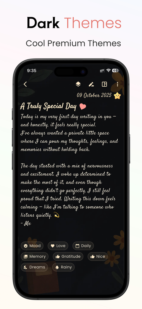 Secret Diary - Private Journal - Una entrada de diario premium en modo oscuro con elegantes fuentes cursivas y etiquetas de estado de ánimo interactivas en la aplicación Diario Secreto.