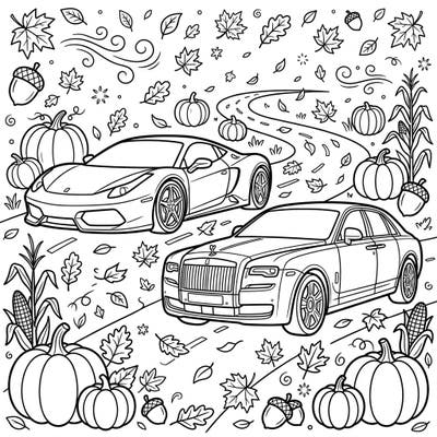 Embark on a unique coloring journey where sleek luxury cars meet the vibrant beauty of autumn. This engaging page, perfect for kids, is filled with cool vehicles and delightful fall elements like pumpkins and leaves, ready for a splash of color.