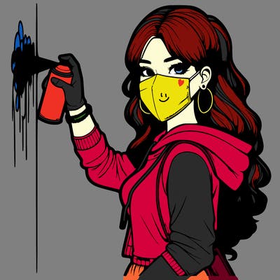 realistic girl with mask spray painting a wall