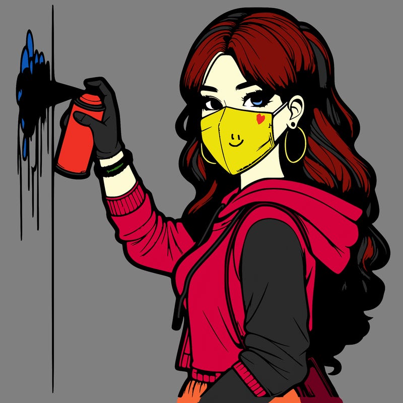 realistic girl with mask spray painting a wall