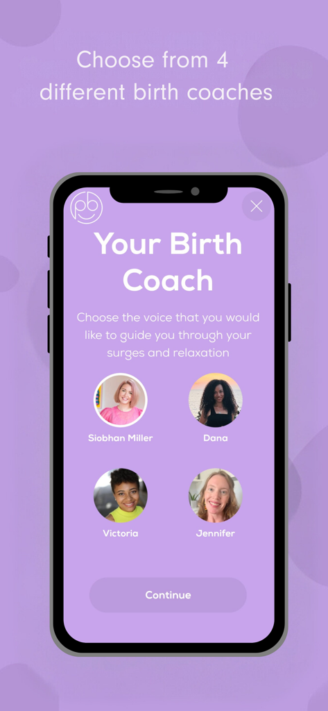 Freya • Surge Timer - Una pantalla de la aplicación Freya que muestra opciones para elegir entre cuatro coaches de parto diferentes para la guía durante el parto