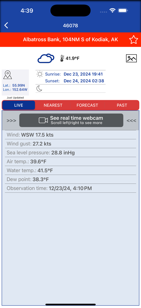 Detailed live marine weather data from a NOAA buoy including wind speed and water temperature