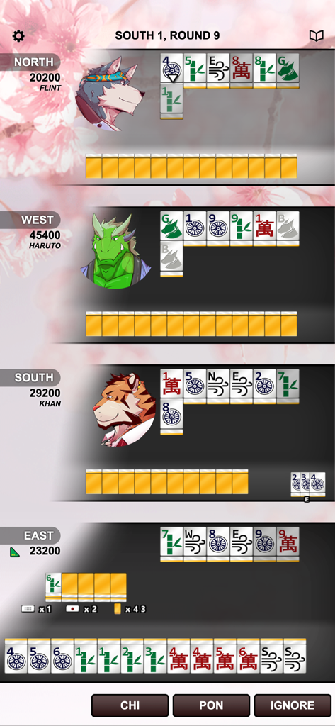 Kemono Mahjong - Mobile gameplay of Kemono Mahjong showing a Japanese Riichi Mahjong match with anthropomorphic animal characters.
