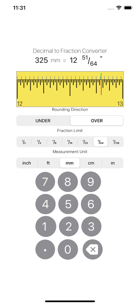 Inch Converter - Decimal to fraction converter app interface showing 325 mm converted to 12 51/64 inches with a ruler visualization and rounding options