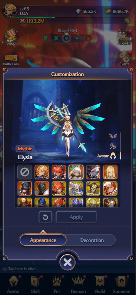 Legend of Avatar - Schermata di personalizzazione personaggio di Legend of Avatar che mostra l'eroe Mitico Elysia con ali meccaniche e icone di selezione avatar