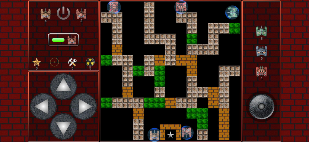 Top-Down-Gameplay von Super Tank Battle, das eine Labyrinth-Karte mit Panzern und Arcade-Steuerungen zeigt