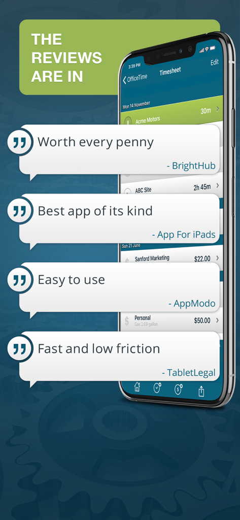 OfficeTime Time Keeper Pro - iPhone displaying positive press reviews for the OfficeTime Time Keeper Pro productivity app.