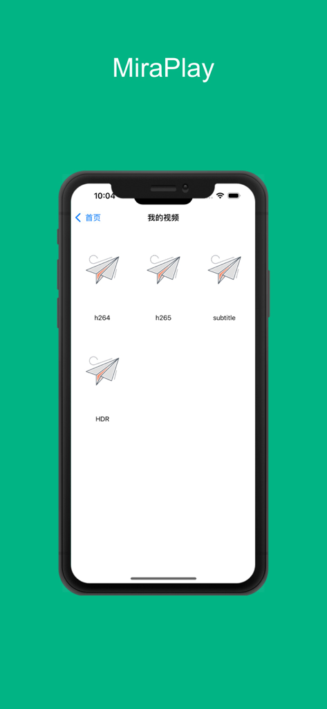 MiraPlay app interface showing video library folders for h264 h265 and HDR content