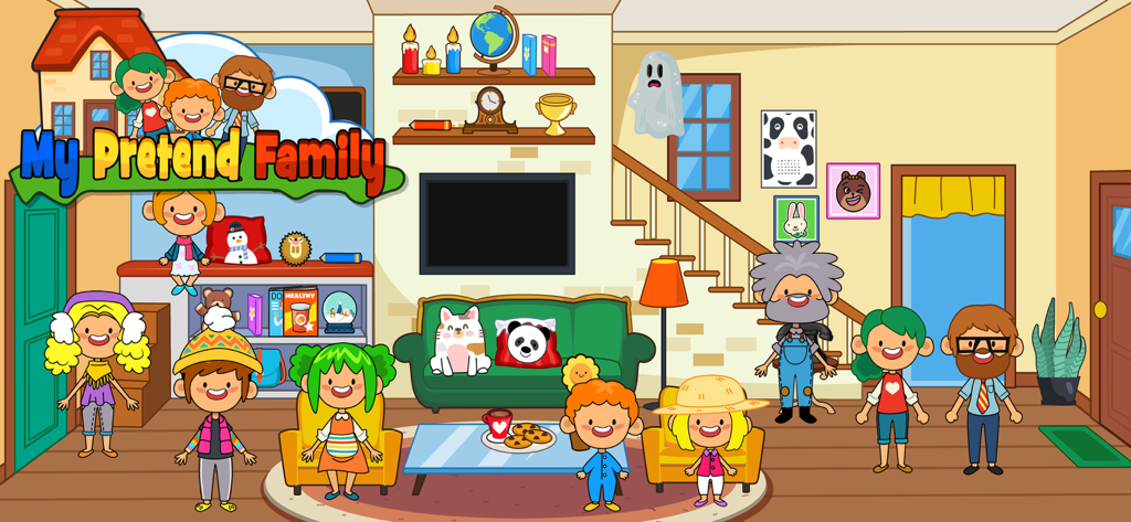A colorful living room scene with various cartoon family characters in the My Pretend Home and Family app.