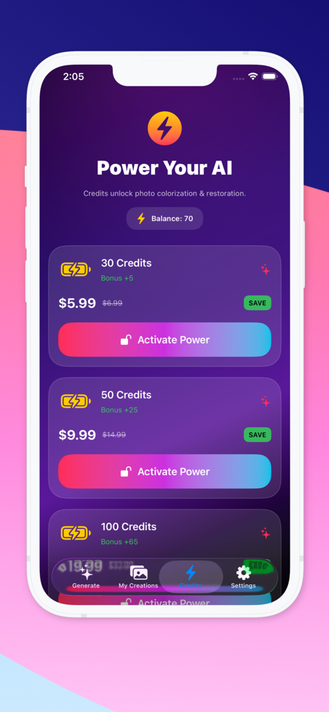 Pantalla de la aplicación Pixtable AI que muestra paquetes de créditos y precios para colorización y restauración de fotos