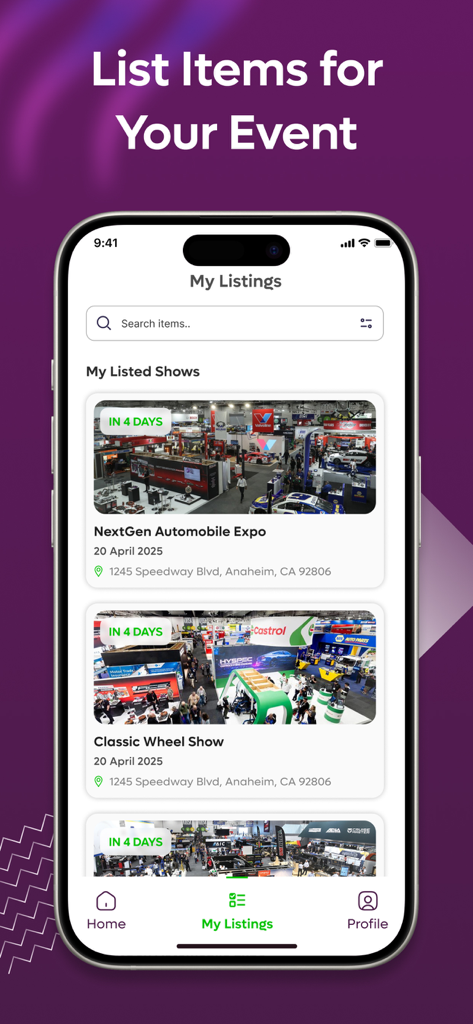 The FoundIt App - Tela móvel do App FoundIt mostrando os eventos listados por um usuário e os próximos shows com datas e locais.