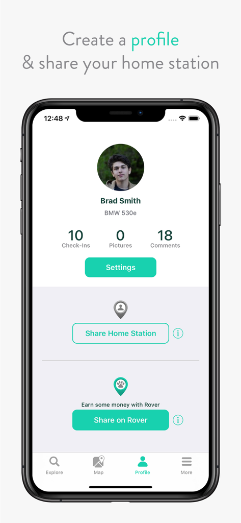 Écran de profil utilisateur de l'application ChargeHub avec options de partage de la borne de recharge et d'affichage de l'activité communautaire