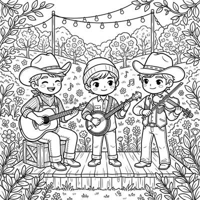 Immerse yourself in a lively country music performance set against a beautiful spring backdrop with this adorable coloring page. Three chibi musicians play guitar, banjo, and fiddle amidst blooming flowers and cheerful vibes, ready for your creative touch.