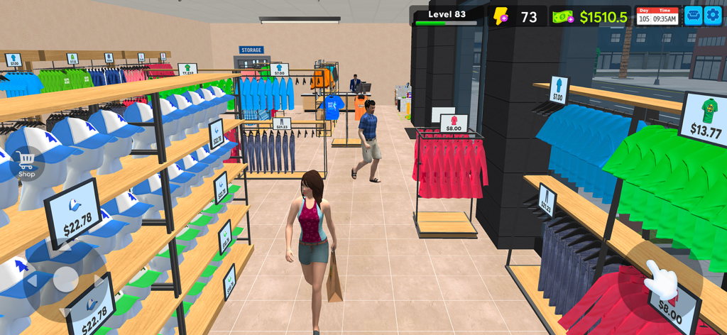 Garments Wear - Manage A Shop - Vista interior de una tienda de ropa en Garments Wear mostrando estantes organizados de coloridas camisas y sombreros con etiquetas de precios.