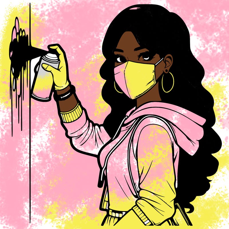 realistic girl with mask spray painting a wall