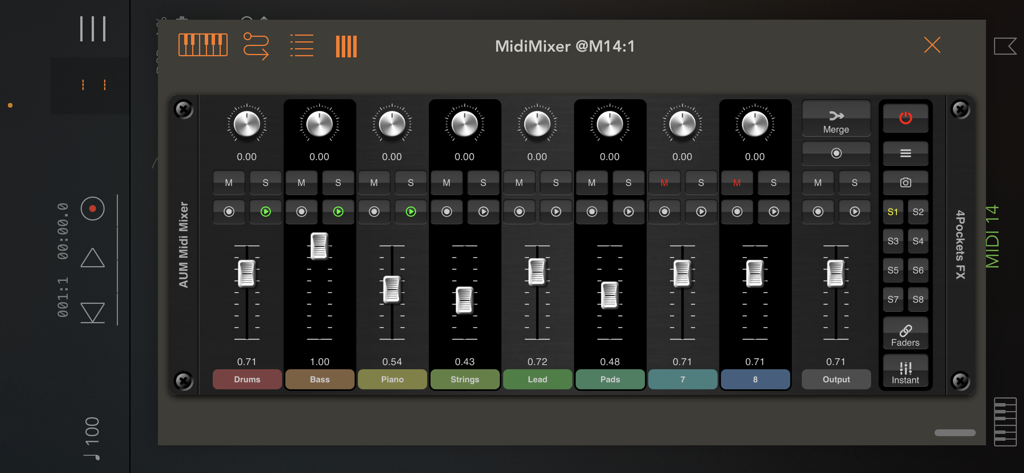 MidiMixer for AUM Auv3 Plugin - AUM内のドラム、ベース、ストリング用のフェーダーを表示するMidiMixer AUv3プラグインコンソール。