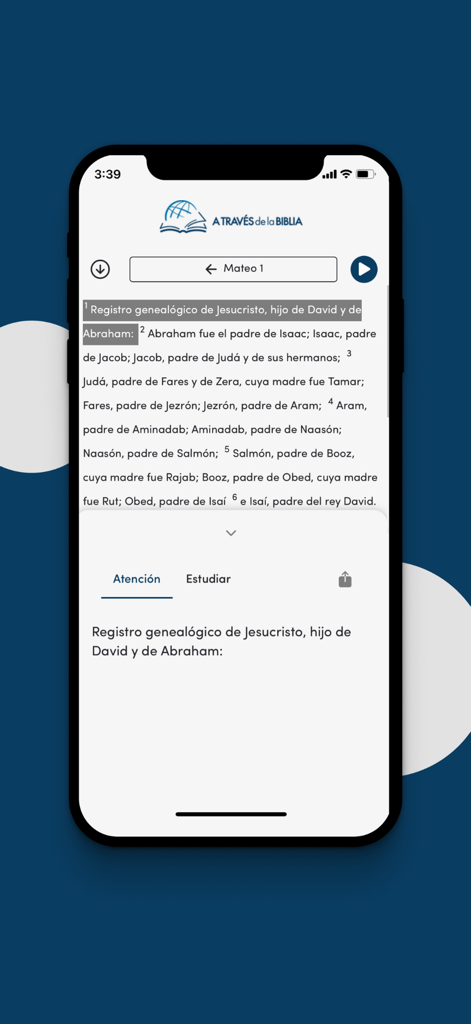 TTB Español (América Latina) - Un teléfono móvil mostrando la aplicación TTB Español con texto bíblico en español de Mateo 1.