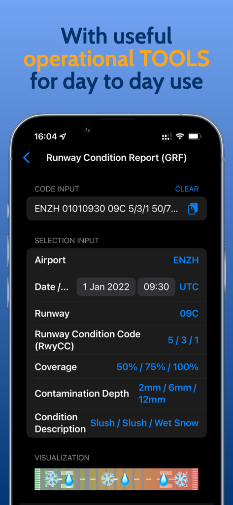 Interface of the B737 Performance Handbook app showing the Runway Condition Report tool with flight data and runway contamination visualization