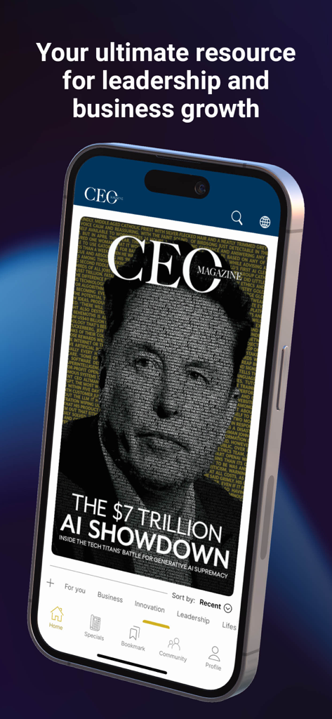 AI対決に関する特集記事が表示されたThe CEO Magazineアプリを示すスマートフォンの画面。