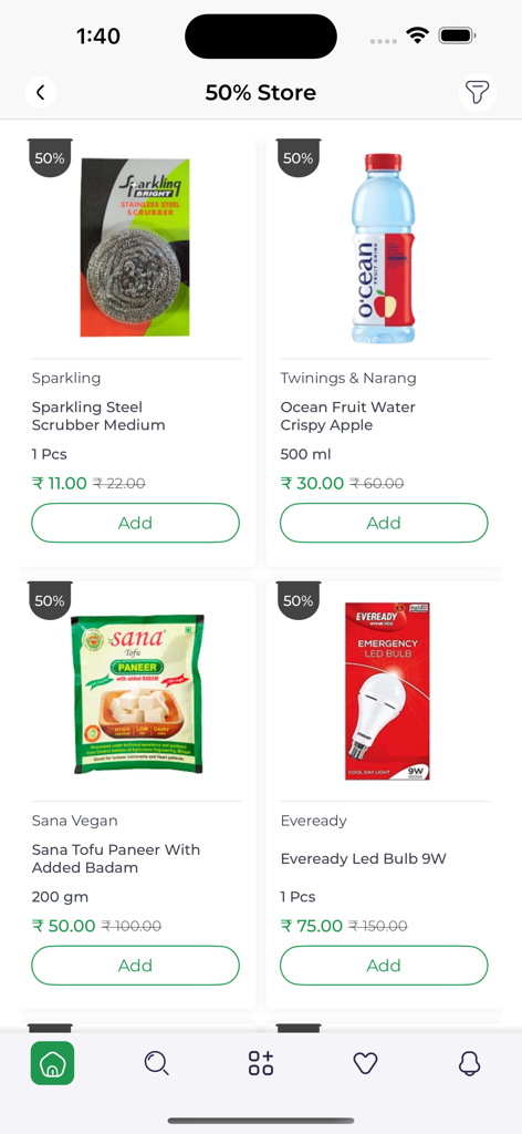 Vijetha Online App - Screenshot of the Vijetha Online App 50 percent off store page featuring discounted groceries and household items.