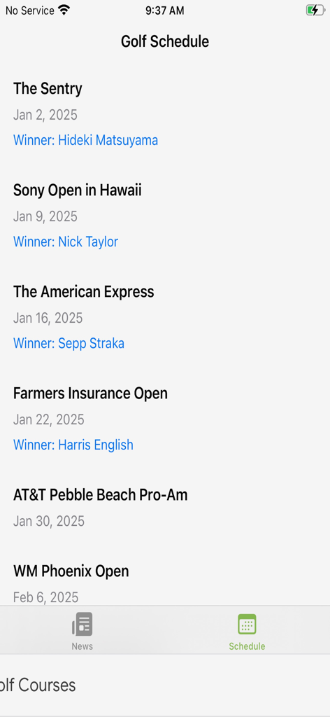 Golf News Nation - Agenda de torneios de golfe e lista de vencedores no aplicativo Golf News Nation