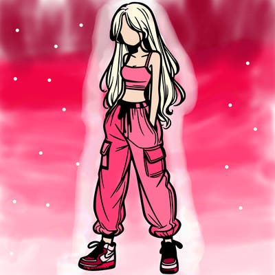 girl in baggy pants crop top and long hair