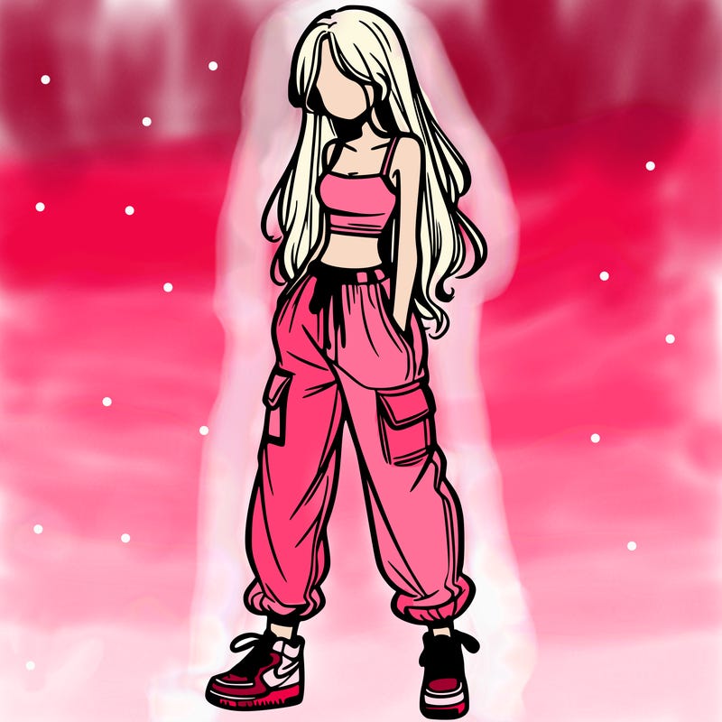 girl in baggy pants crop top and long hair