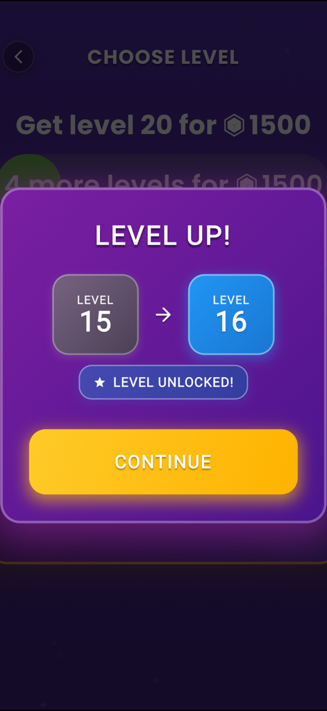 Level up screen in Robux Winner Quiz showing progression from level 15 to 16