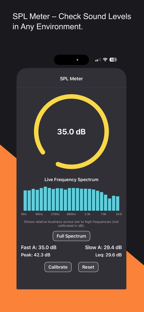 AV Buddy - AV Buddy 앱 SPL 미터 인터페이스. 데시벨 수준 및 주파수 스펙트럼을 표시합니다.