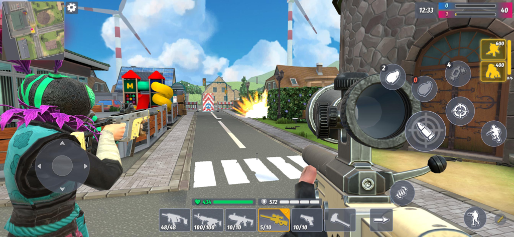 First-person sniper gameplay in Contra Guns showing customized character skins and tactical urban combat
