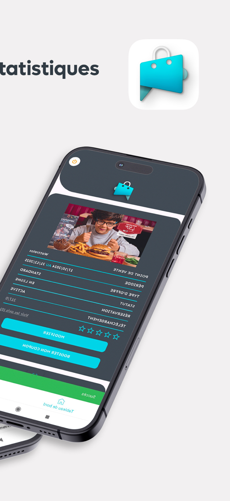 Scan Annonceur Smart Reduc - Smartphone screen showing the merchant dashboard of the Scan Annonceur Smart Reduc app with promotion performance statistics