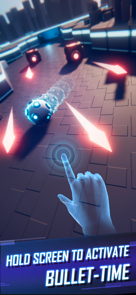 Una captura de pantalla de la jugabilidad de Flaming Core que muestra la mecánica de bullet-time en un entorno ciberpunk de neón