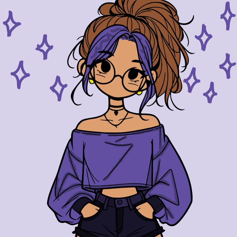 girl with a messy ponytail glasses a baggy crop top and jean shorts