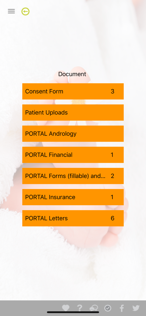 eIVF Patient - The document portal in the eIVF Patient app displaying menu items for consent forms financial documents and insurance