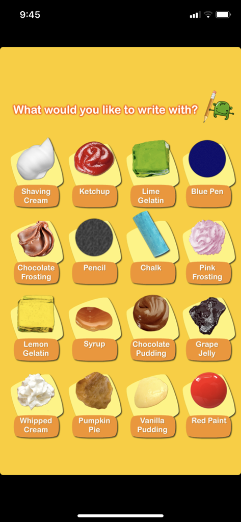 Cursive Touch and Write - Screen showing sixteen creative writing textures including shaving cream, ketchup, and chocolate frosting for multisensory cursive practice.