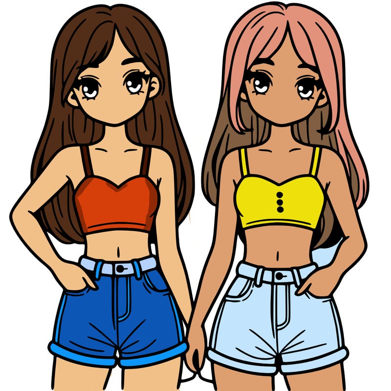two sisters with crop tops and jean shorts and straight hair