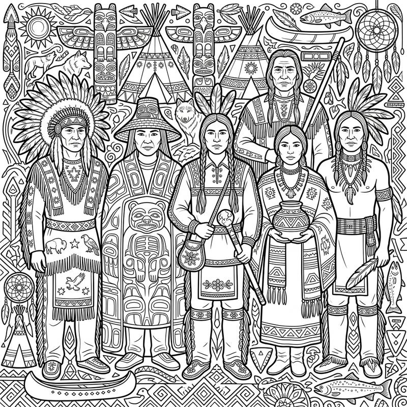 Immerse yourself in the rich tapestry of Indigenous North American cultures with this beautifully detailed coloring page. Explore traditional attire, iconic symbols, and cultural elements, offering both artistic enjoyment and an educational experience.